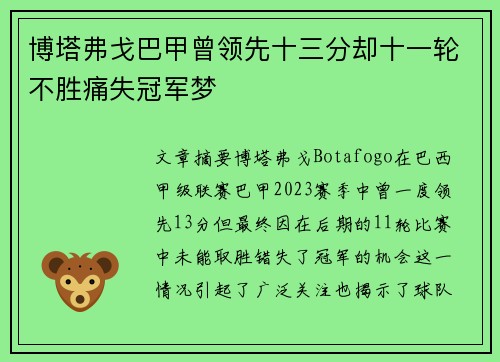 博塔弗戈巴甲曾领先十三分却十一轮不胜痛失冠军梦
